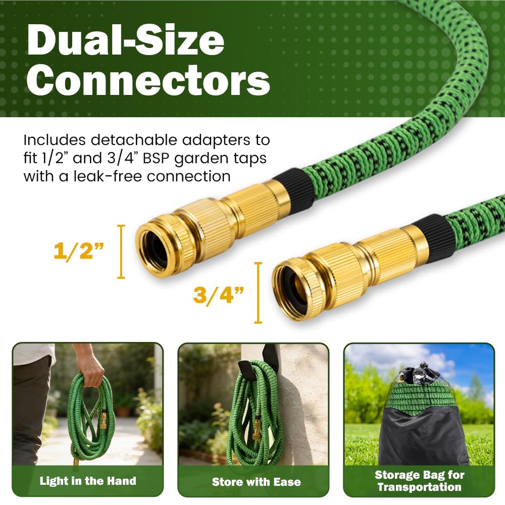 Expandable Garden Hose 50FT - Green - Stretches to 3x Length, 10 Function Nozzle plus Mist Nozzle, 1/2 and 3/4 BSP