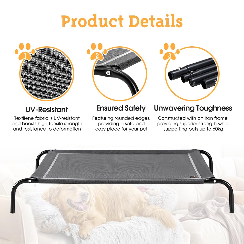 Cooling Elevated Dog Bed - Grey, Large 107 x 80 x 20cm - Breathable Textilene Mesh, Washable, Holds 60kg