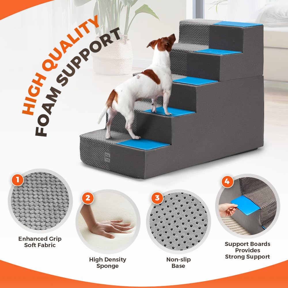 5 Step Dog Stairs 56cm High - Grey - High Density Foam with 5 Support Boards, Non Slip Corduroy Cover