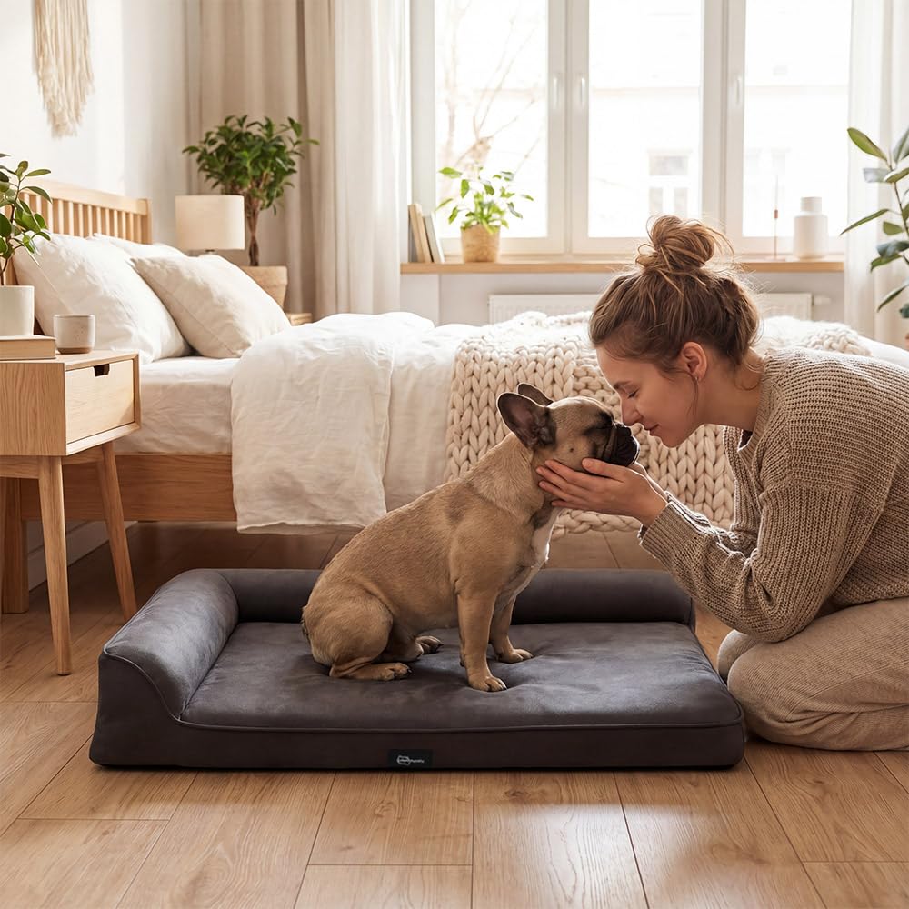 Dog Bed with L Shaped Bolsters - Grey, Medium 71 x 58 x 15cm - Velvet, Egg Crate Foam, Non Slip Base