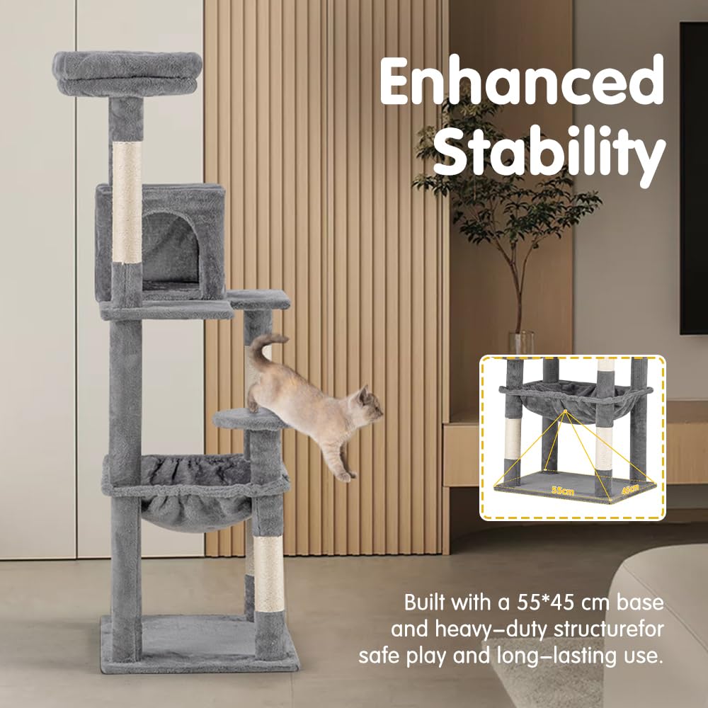 Cat Tree Tower 142cm - Light Grey - 3 Levels, Hammock, Condo, 4 Sisal Scratching Posts, Dangling Ball