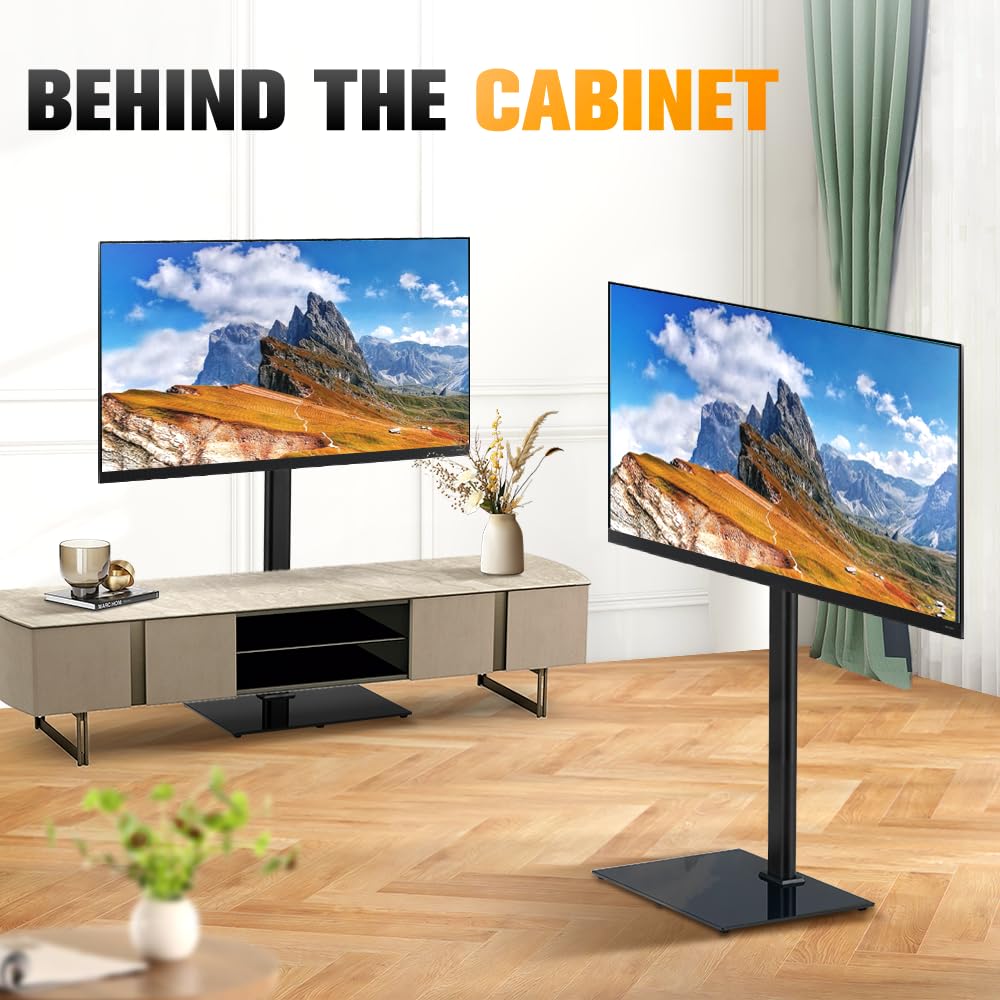 Swivel TV Floor Stand Height Adjustable - Black - Fits 32 to 65 Inch up to 40kg, 12 Height Settings, 8mm Glass Base