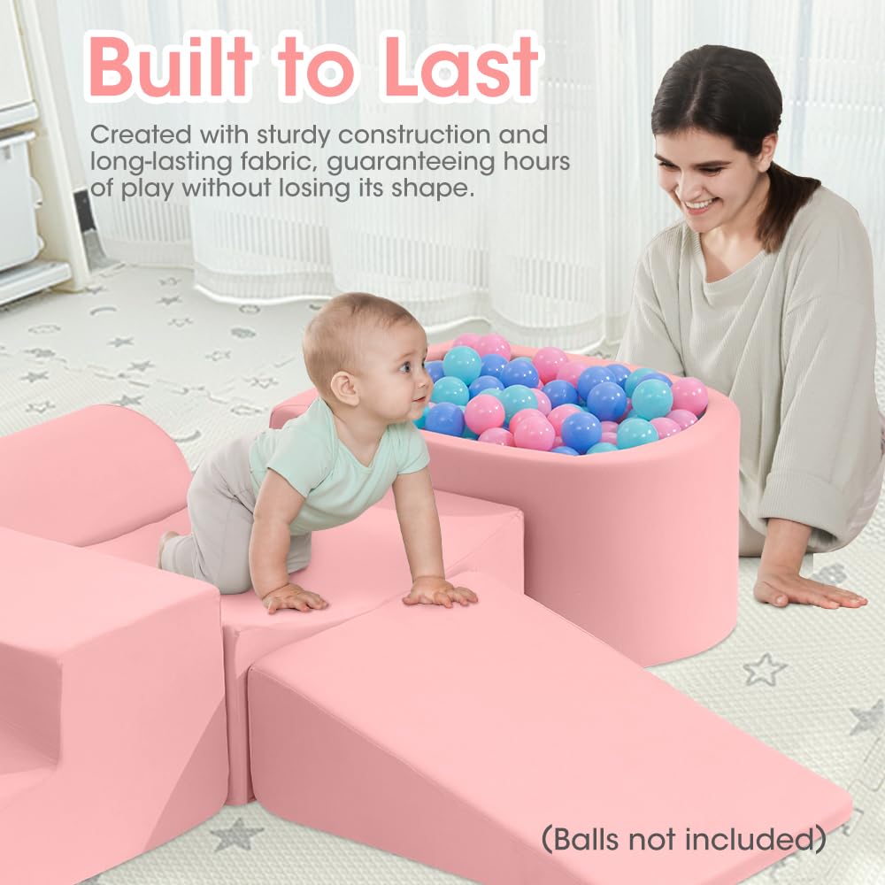 Soft Play Climb Set 5 Piece - Pink - Crawl and Climb Foam Blocks, Removable Washable Covers