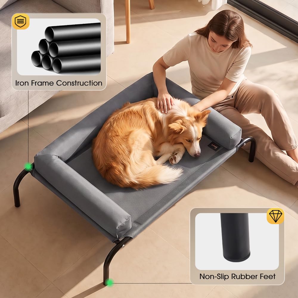 Cooling Elevated Dog Bed with Bolster - Grey, Large 107 x 80 x 20cm - Textilene Mesh, Steel Frame, Holds 60kg