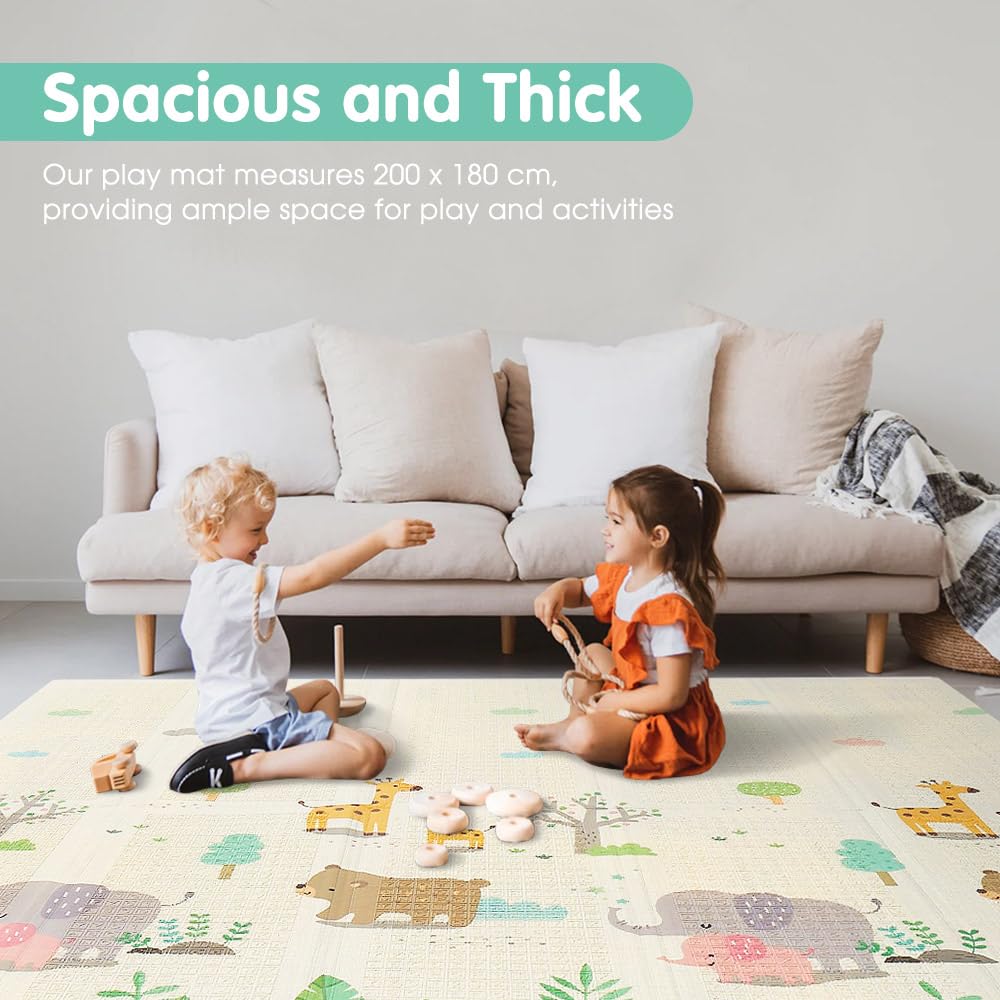 Foldable Baby Play Mat 200 x 180cm - Fish - 1cm XPE Foam, Reversible, Travel Bag Included