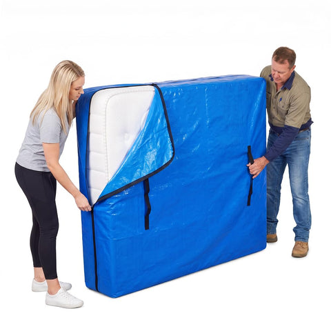Mattress Bag for Moving and Storage - Queen - 120gsm PE Tarp, 8 Heavy Duty Handles, Zip on Three Sides, Water Resistant