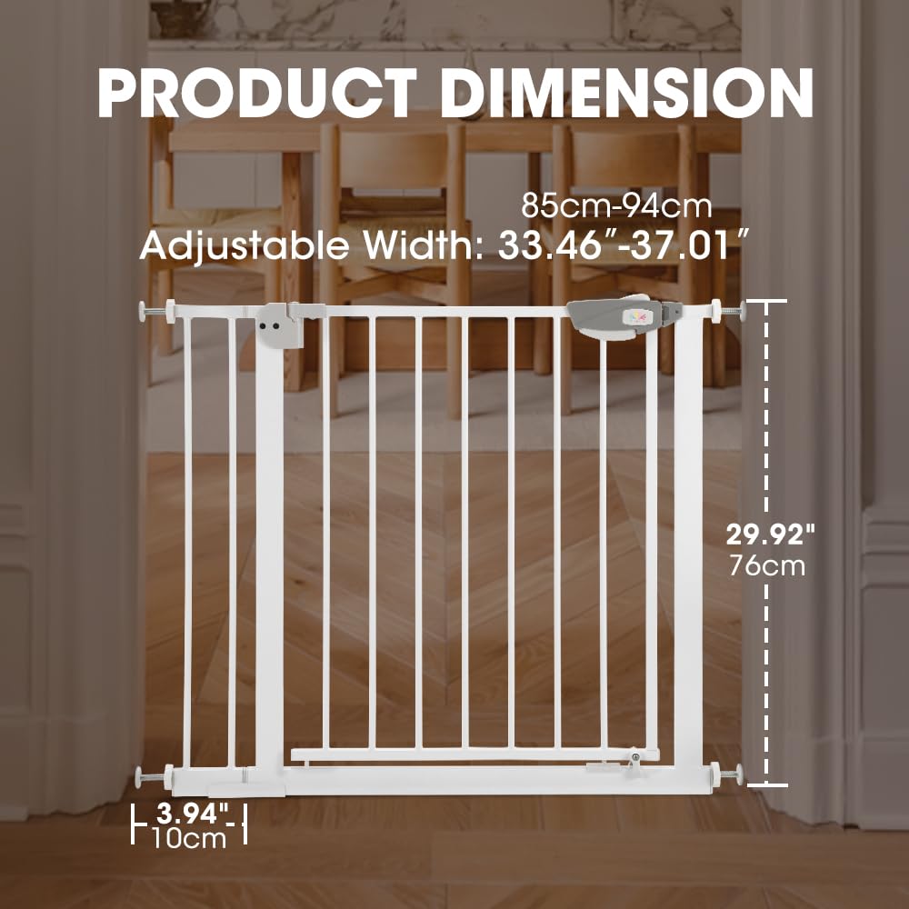 Auto-Close Baby Safety Gate - White 85-94cm - Pressure Fit No Drilling, Triple Lock, Two-Way Swing