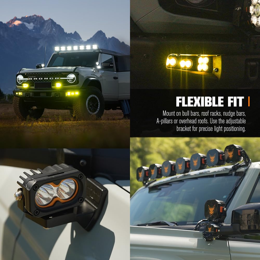 LED Pod Lights 3 Inch 2 Pack - Rectangle - 4052 Lumens, Spot and Flood Lens Covers, IP68, Die Cast Aluminium, 5000K