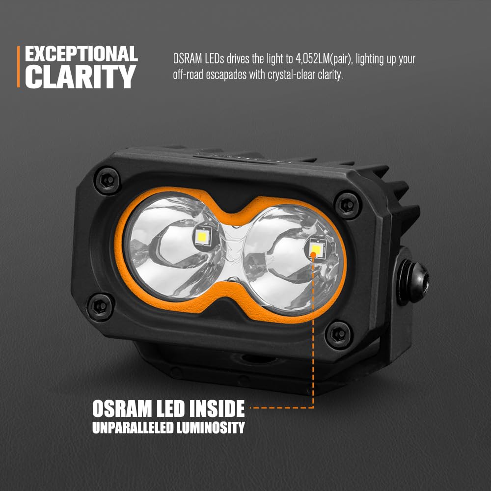 LED Pod Lights 3 Inch 2 Pack - Rectangle - 4052 Lumens, Spot and Flood Lens Covers, IP68, Die Cast Aluminium, 5000K