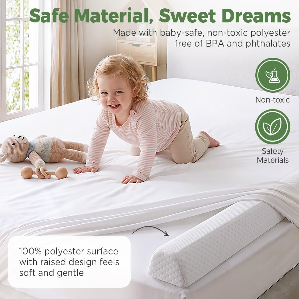 Toddler Bed Bumpers 2-Pack - White 132cm - Memory Foam, Non-Slip Base, Machine Washable Cover