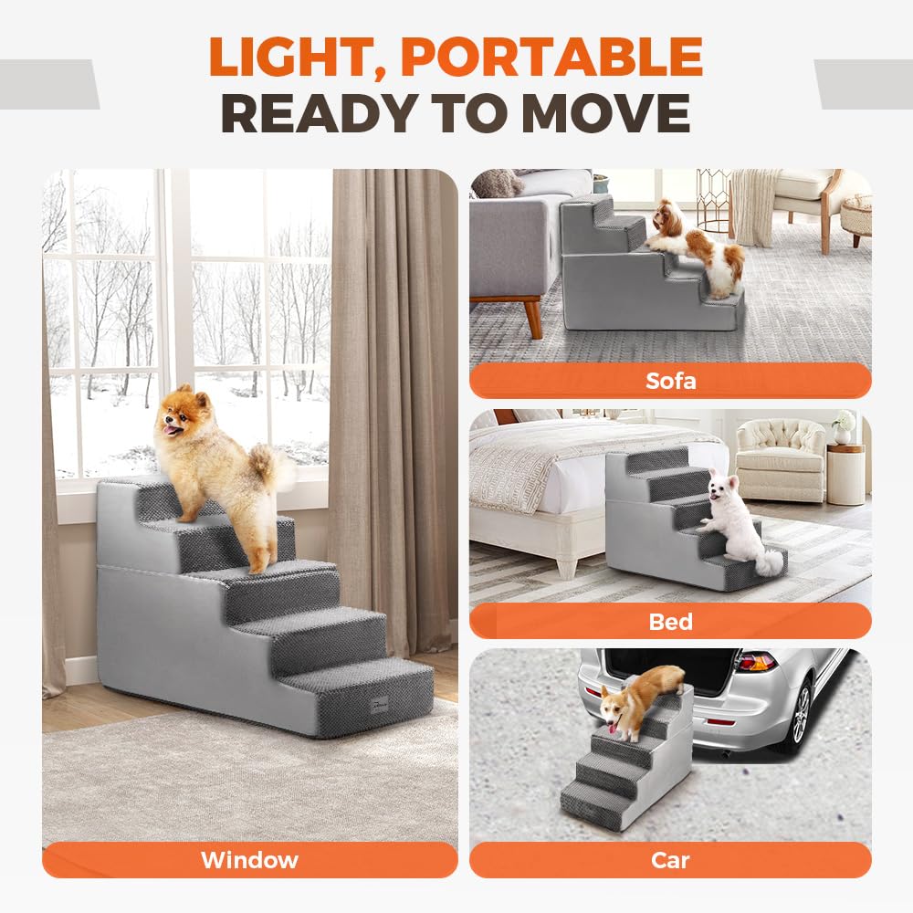 5 Step Dog Stairs 56cm High - Grey - High Density Foam with 5 Support Boards, Non Slip Corduroy Cover