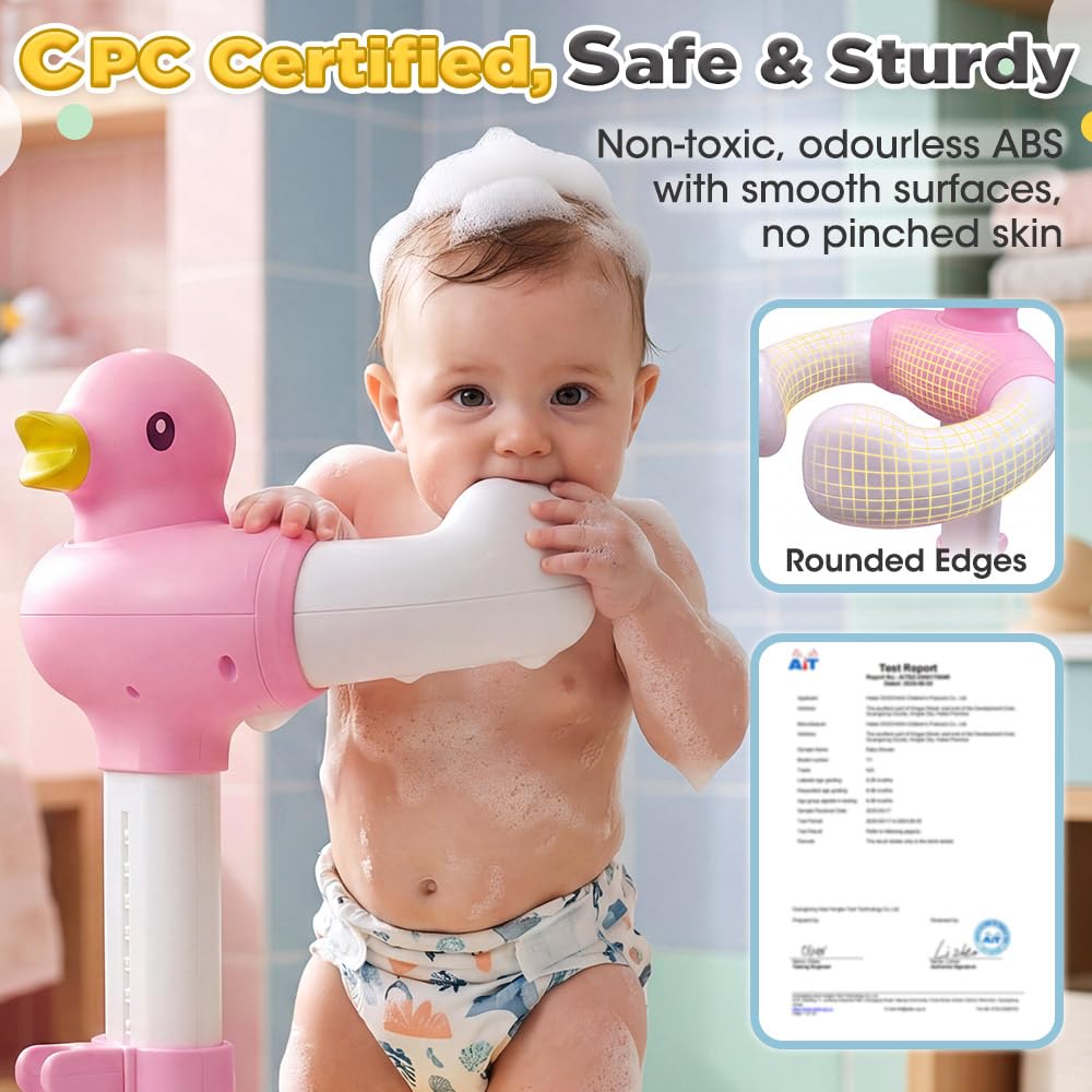 Baby Bath Shower Stand - Pink - 9 Height Levels, Anti-Slip Base, Anti-Pinch Silicone
