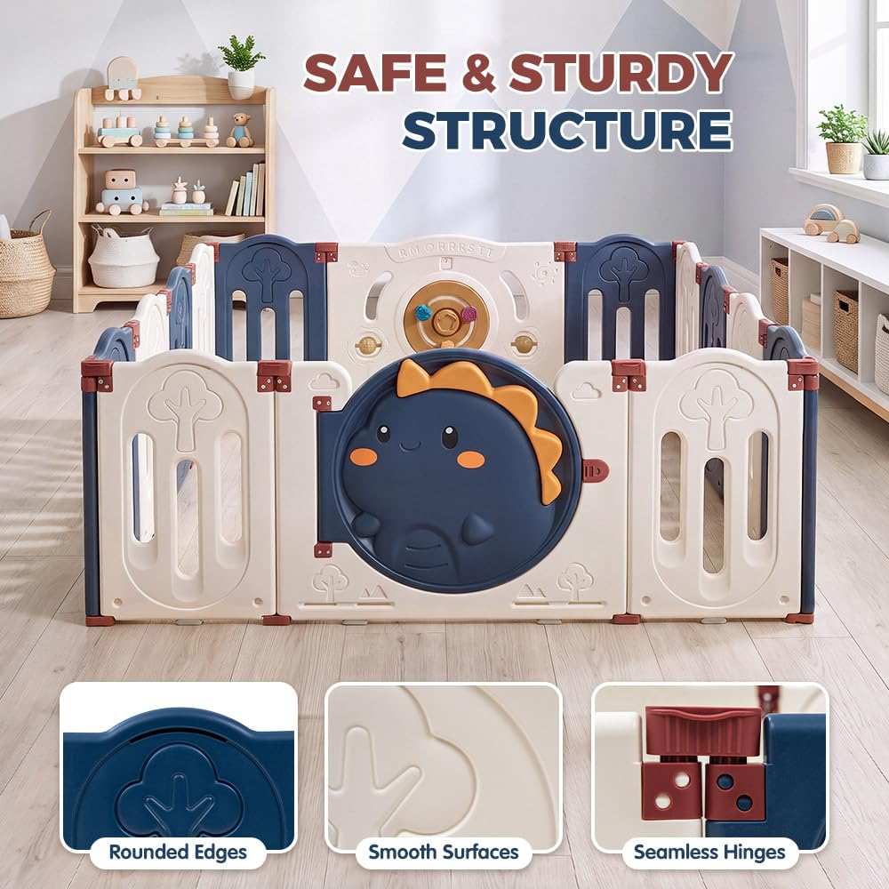 Baby Playpen 16 Panels - Blue 191 x 158 x 60cm - Foldable HDPE, Suction Pads, Interlocking Joints