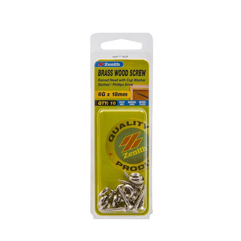 Zenith 6G x 18mm Nickel Plated Brass Raised Head Wood Screws with Cup Washer – 10 Pack - SuperSaverAU - view 1