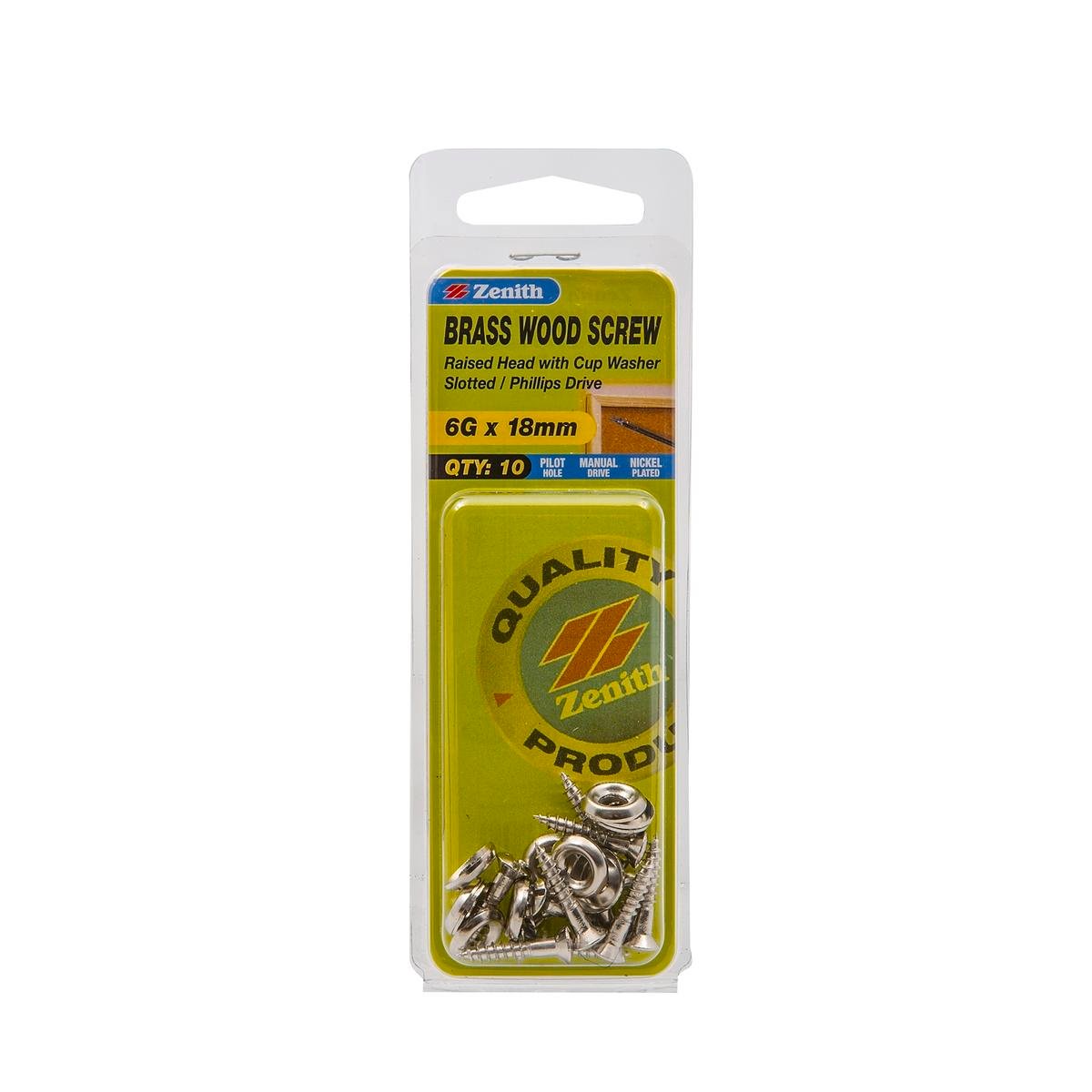 Zenith 6G x 18mm Nickel Plated Brass Round Head with Cup Washer Wood Screws, 10 Pack