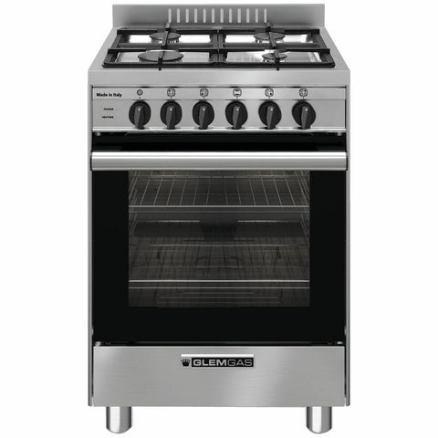 Glem Gas 53cm dual fuel freestanding oven - Stainless Steel, 67L, 4 gas burners, 10A plug - GB534GE