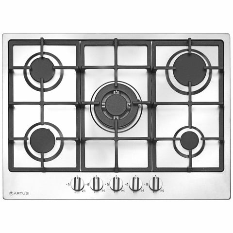 Artusi 70cm gas cooktop - Stainless steel, 5 burners with wok cradle, compact cut-out - CAGH75X