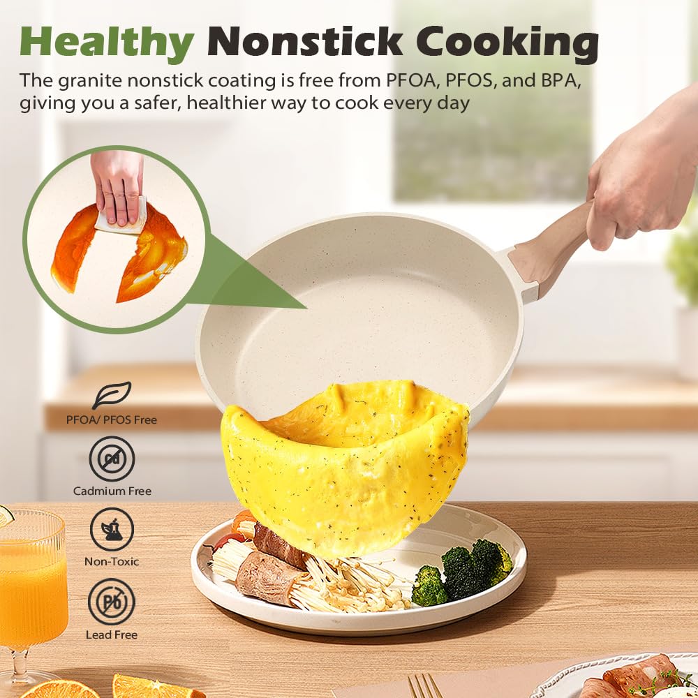 Classic Cookware Set 13 Piece - White - Nonstick Granite Coating, Fixed Stay Cool Handles, PFOA and PFOS Free