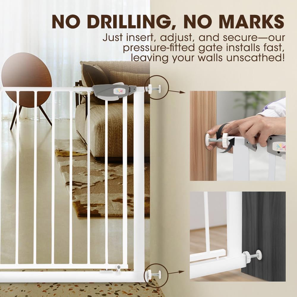 Auto-Close Baby Safety Gate - White 85-94cm - Pressure Fit No Drilling, Triple Lock, Two-Way Swing