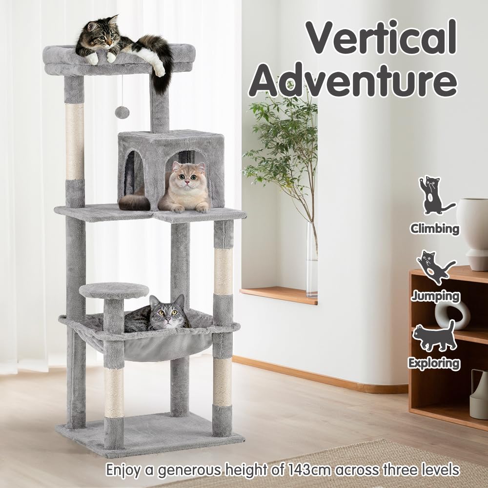 Cat Tree Tower 142cm - Light Grey - 3 Levels, Hammock, Condo, 4 Sisal Scratching Posts, Dangling Ball