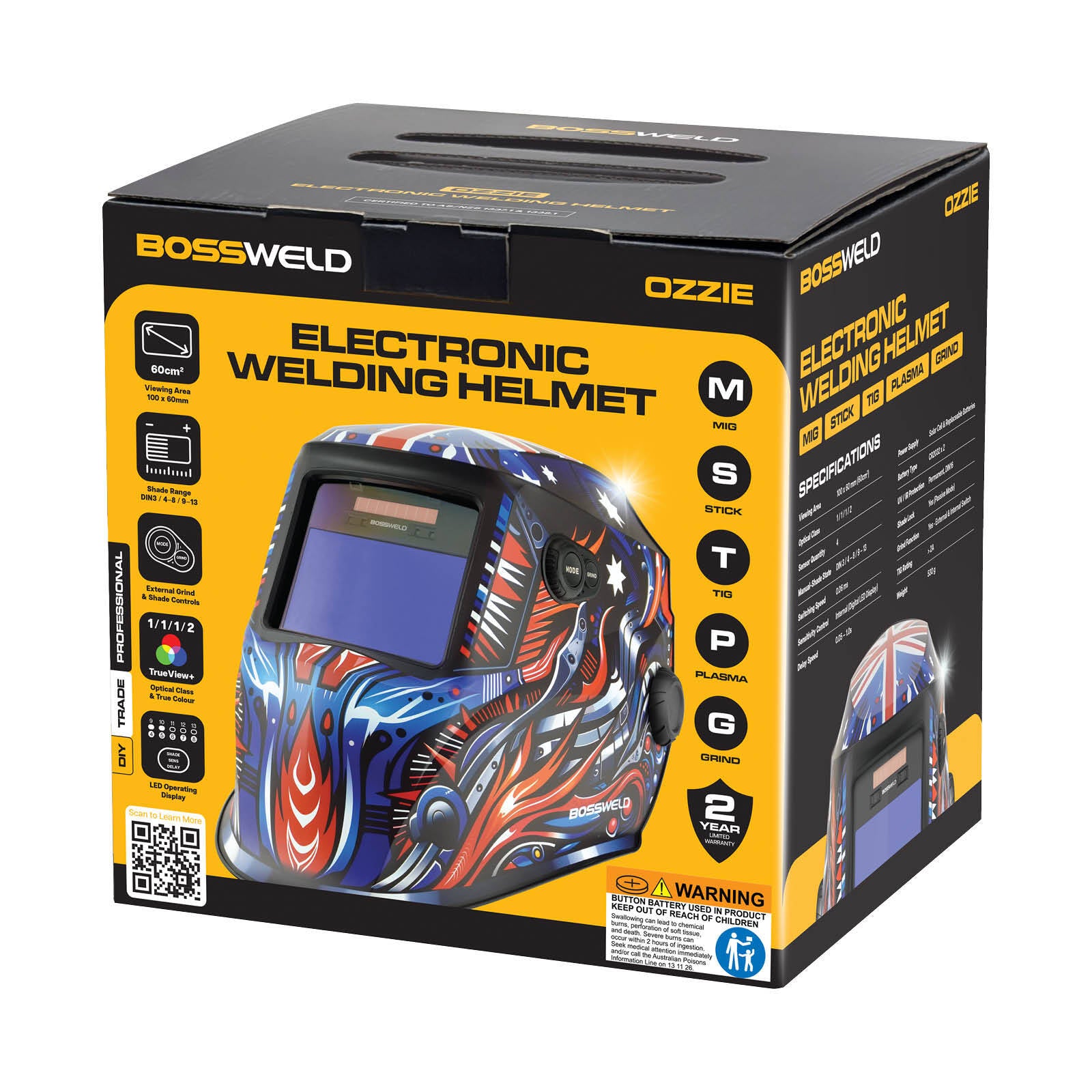 Bossweld VX-3 Ozzie Auto Darkening Welding Helmet, Variable Shade 4-8/9-13, 100 x 60mm Lens