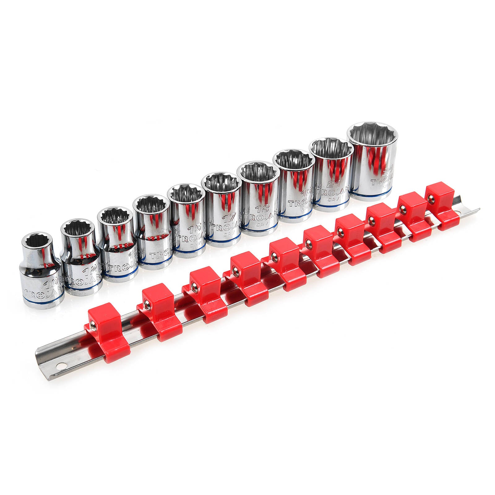 Trojan 10 Piece 1/2" Drive Metric Socket Rail Set, Chrome Vanadium 12 Point