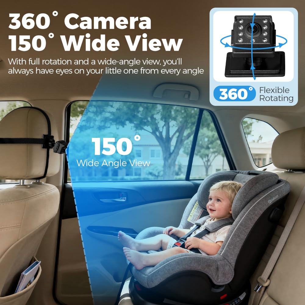 Baby Car Mirror Camera - 4.3in 1080P HD - Infrared Night Vision, 150 Degree Wide Angle, 360 Rotation