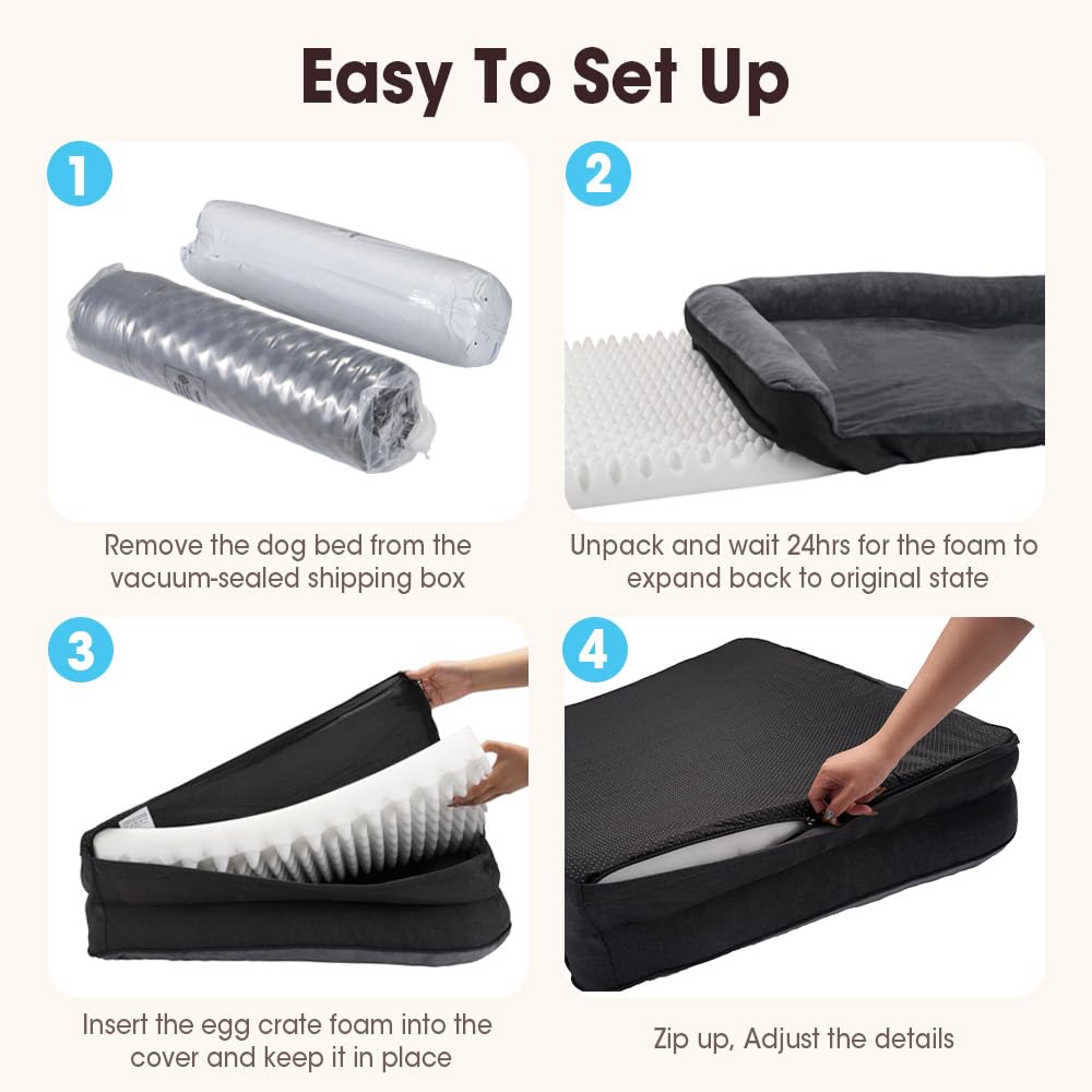 Dog Bed with L Shaped Bolsters - Grey, Medium 71 x 58 x 15cm - Velvet, Egg Crate Foam, Non Slip Base