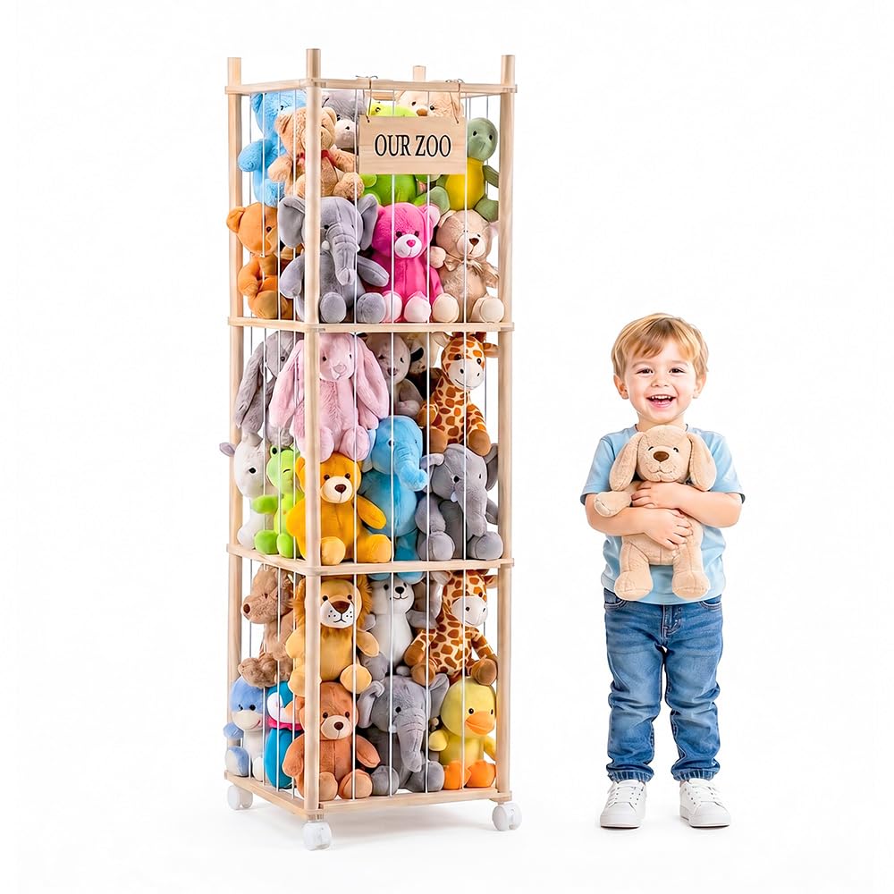 Soft Toy Storage Tower 3-Tier with Wheels - Natural Wood 136cm - Holds 50+ Plush Toys, Rolls Away