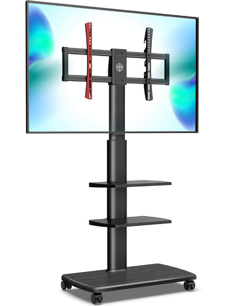 Mobile TV Stand on Wheels for 32-70 Inch TVs - Black - 3 Shelf Rolling Cart, Height Adjustable, Swivel, Holds 40kg