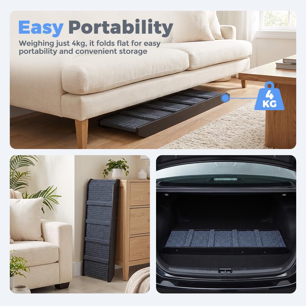 Adjustable Dog Ramp for Bed - Black, 90cm Long - Three Heights 33, 39 and 45cm, Holds 60kg, Non Slip Carpet
