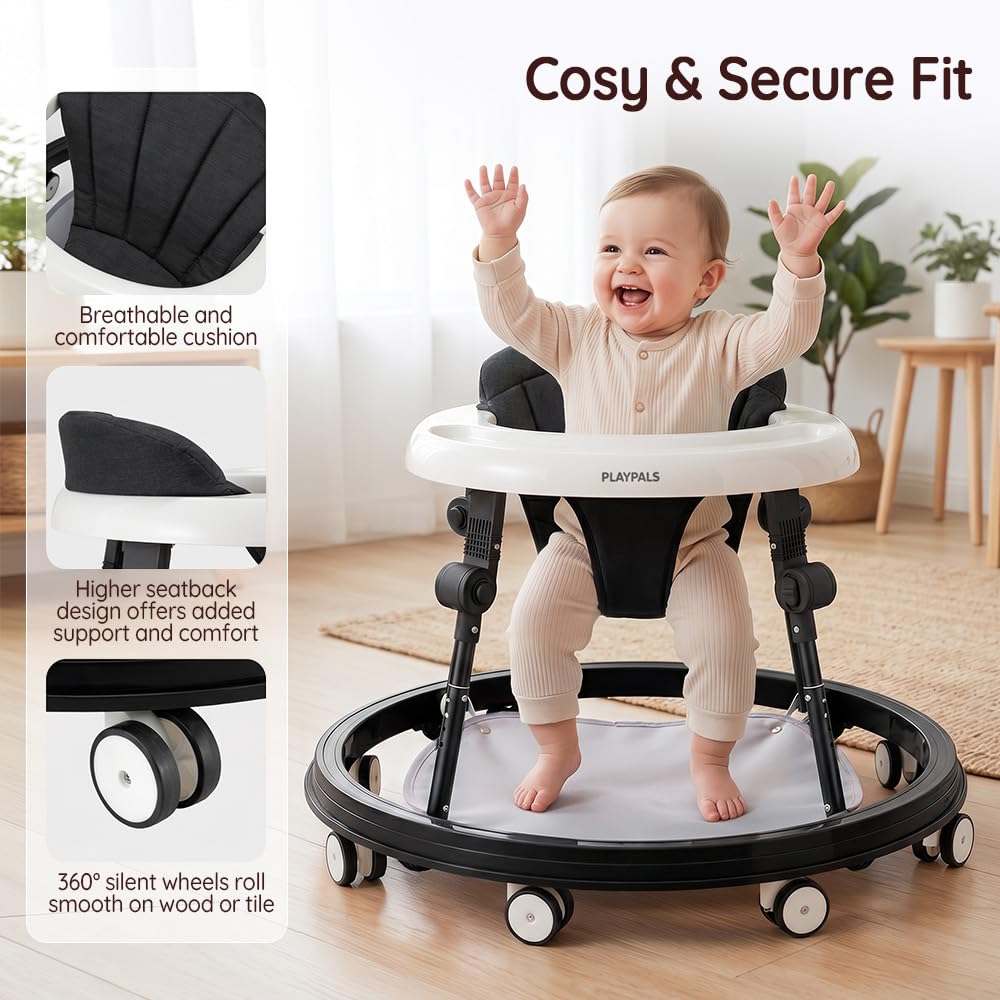 3-in-1 Baby Walker and Activity Table - Black - 4 Height Positions, Folding Frame, 6-18 Months