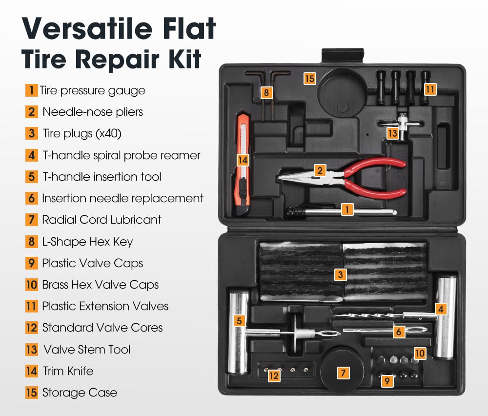 Tyre Puncture Repair Kit - 67 Piece - Tubeless Plug Kit, 0-50 PSI Gauge, Steel T Handle Tools and Carry Case for 4WD