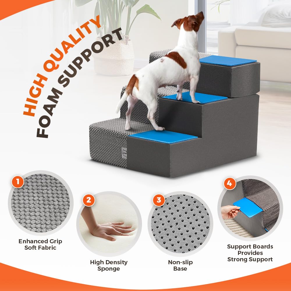 3 Step Dog Stairs 35cm High - Grey - High Density Foam with Support Boards, Non Slip Corduroy Cover