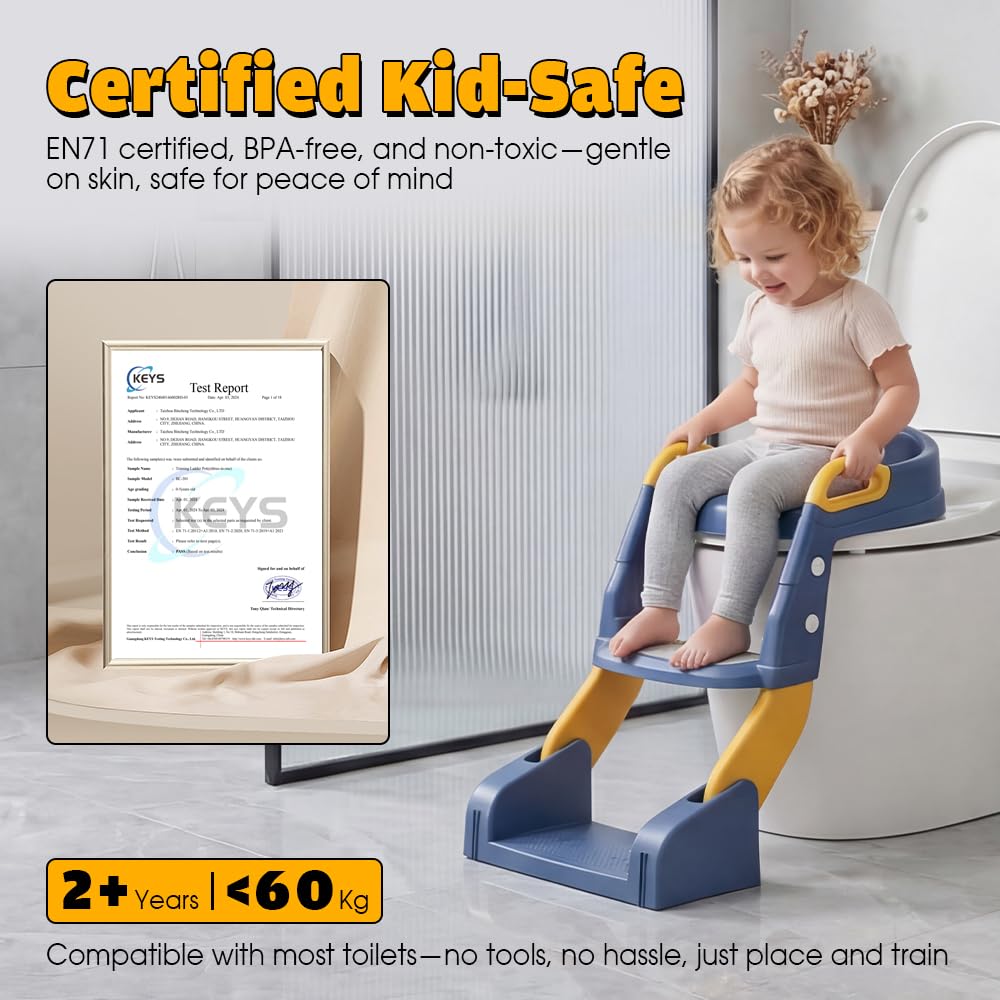 2-in-1 Potty Training Seat with Step Stool Ladder - Blue - Splash Guard, Soft PU Cushion, Non-Slip