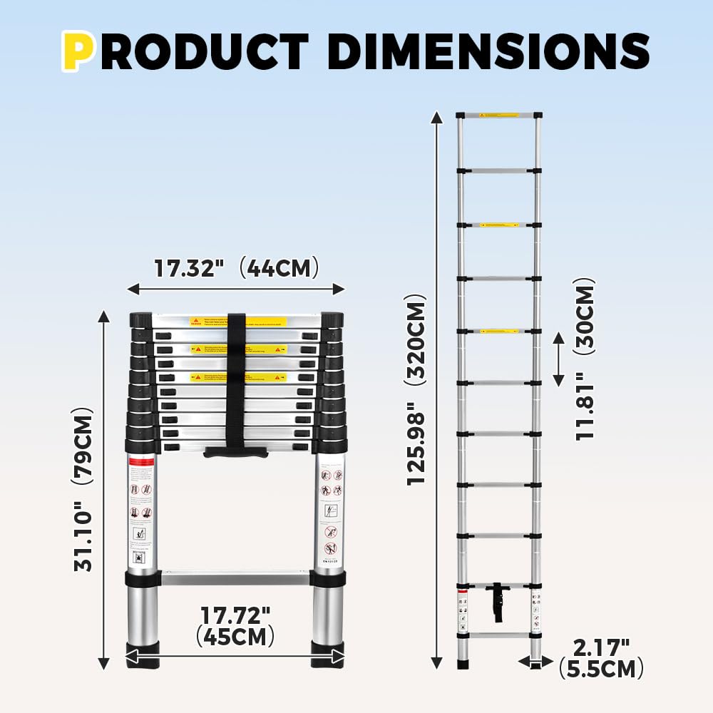 Telescopic Aluminium Ladder 3.2m - Silver - 150kg Capacity, Auto Lock Sections, Collapses for Storage, Carry Bag