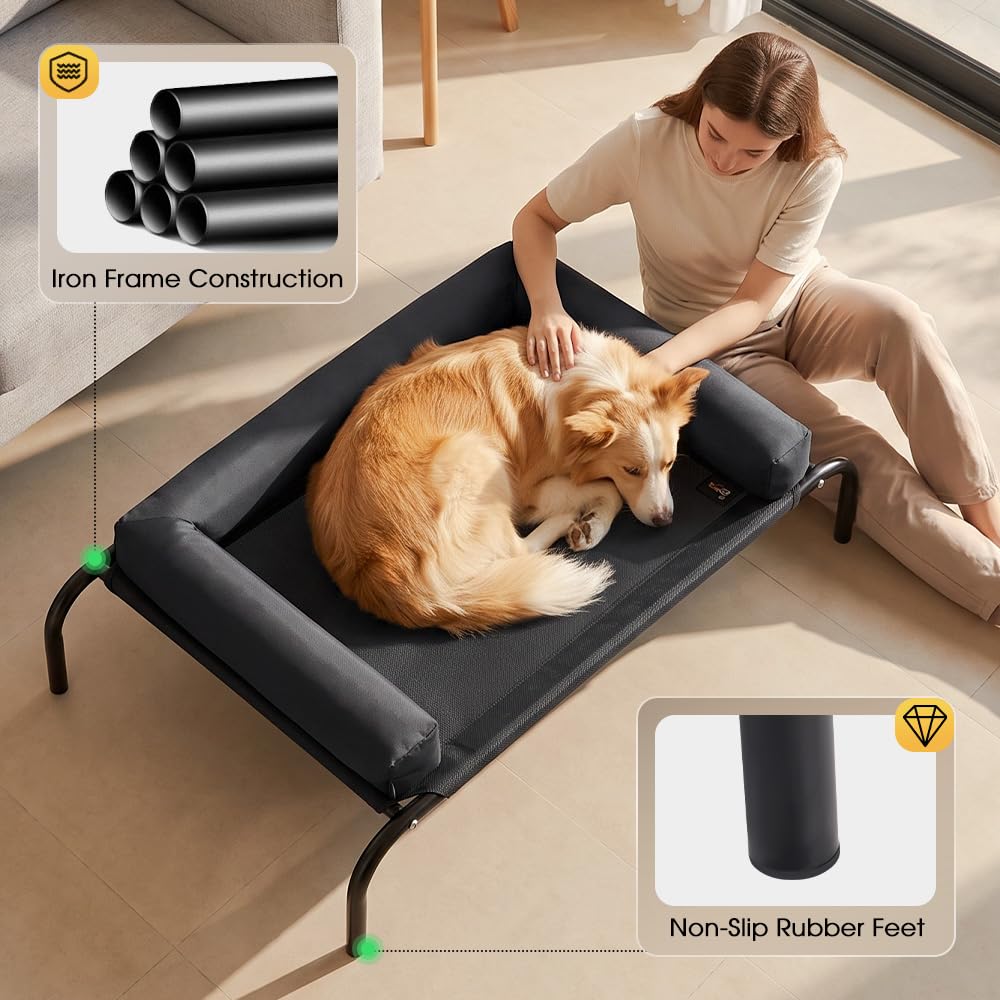Cooling Elevated Dog Bed with Bolster - Black, XL 123 x 90 x 20cm - Textilene Mesh, Steel Frame, Holds 60kg