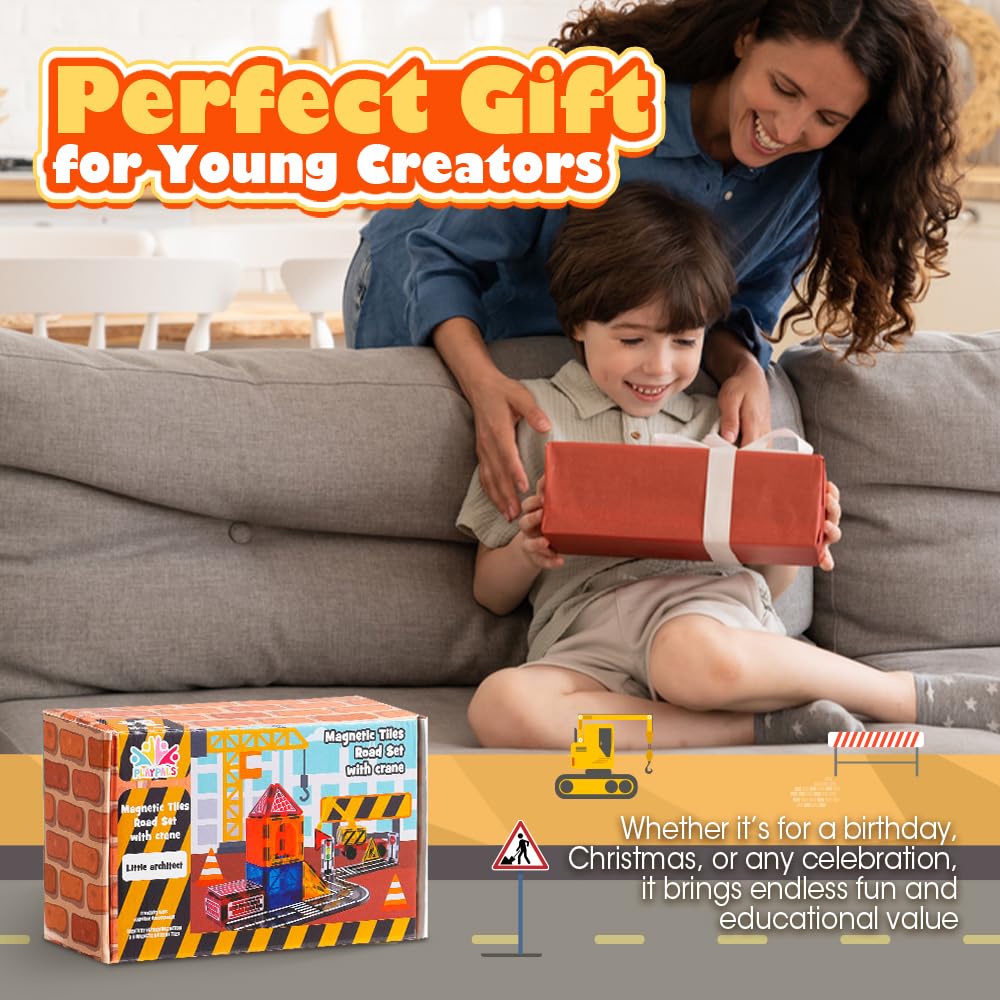 Magnetic Tiles Road Set 40 Piece - Extendable Crane - STEM Building Blocks, Storage Bag, Age 3+