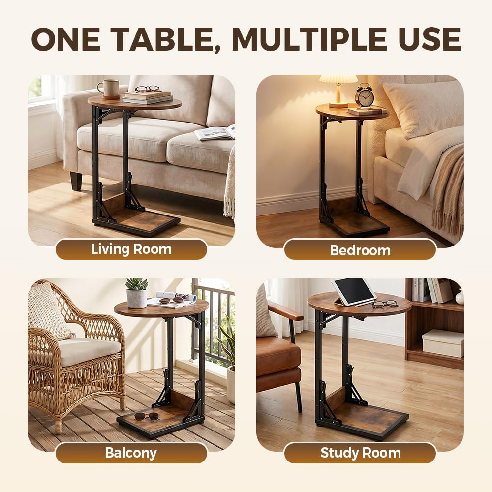 Foldable C Shaped Side Table 2 Tier - Vintage Brown - 33 x 40 x 65cm, Metal Frame, Folds Flat Without Tools