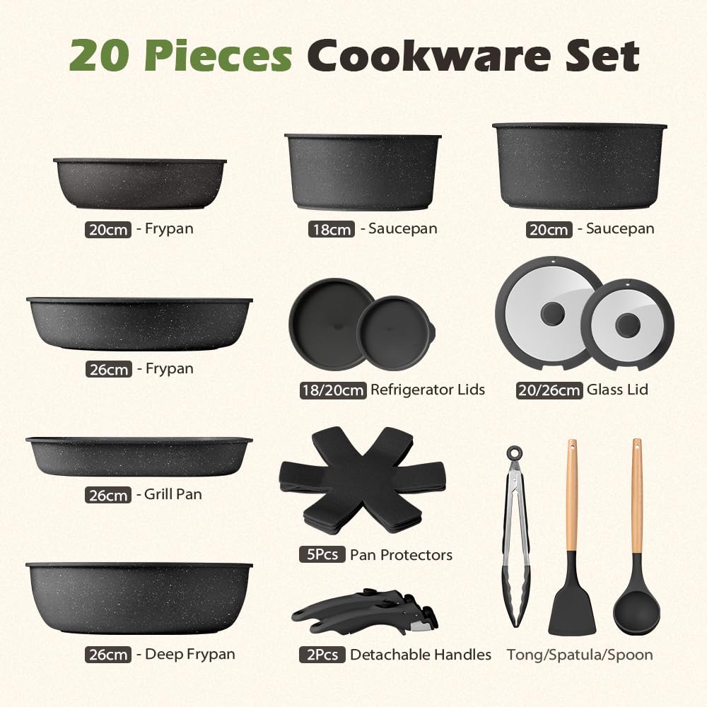 Detachable Handle Cookware Set 20 Piece - Black - Nonstick Granite Coating, PFOA and PFOS Free, Induction Ready