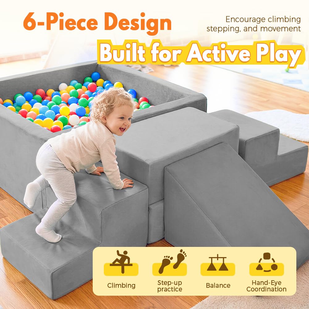 Soft Play Set 6 Piece - Grey - Ball Pit, Ramp, Steps and Slope, High-Density Memory Foam