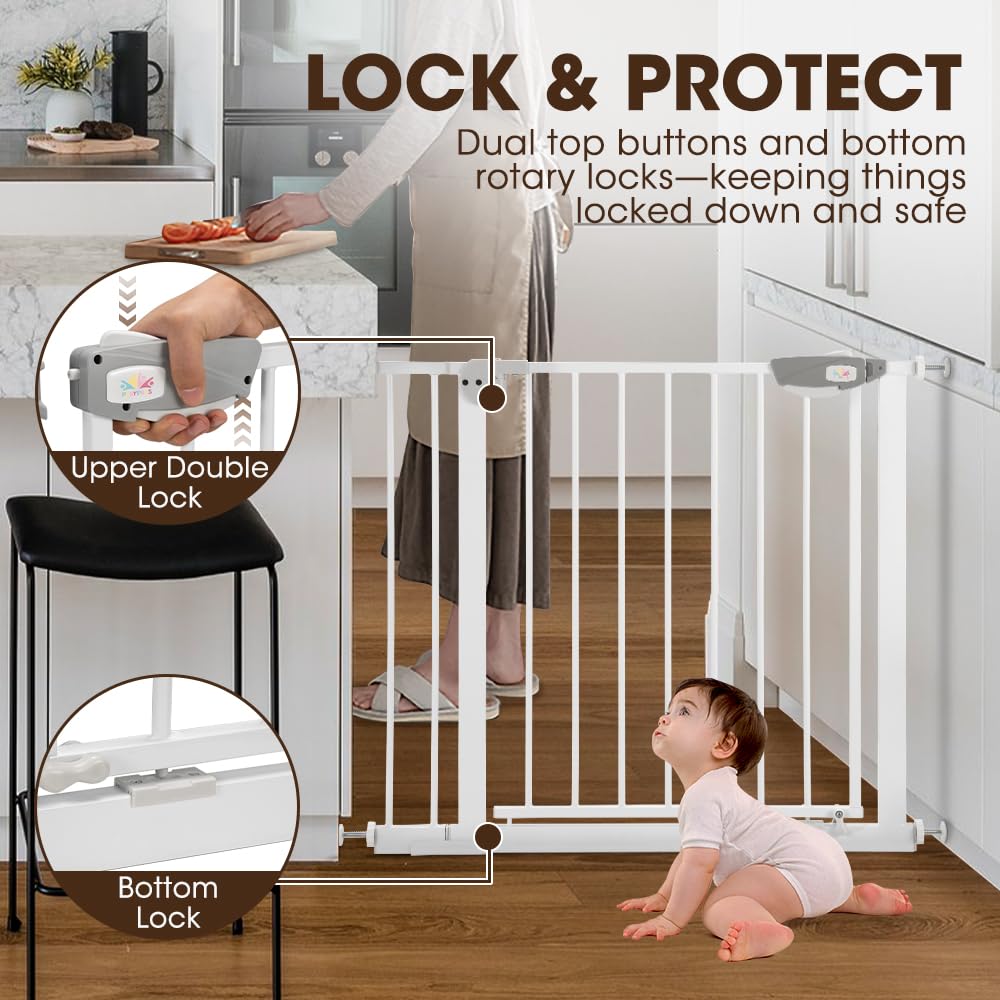 Auto-Close Baby Safety Gate - White 85-94cm - Pressure Fit No Drilling, Triple Lock, Two-Way Swing