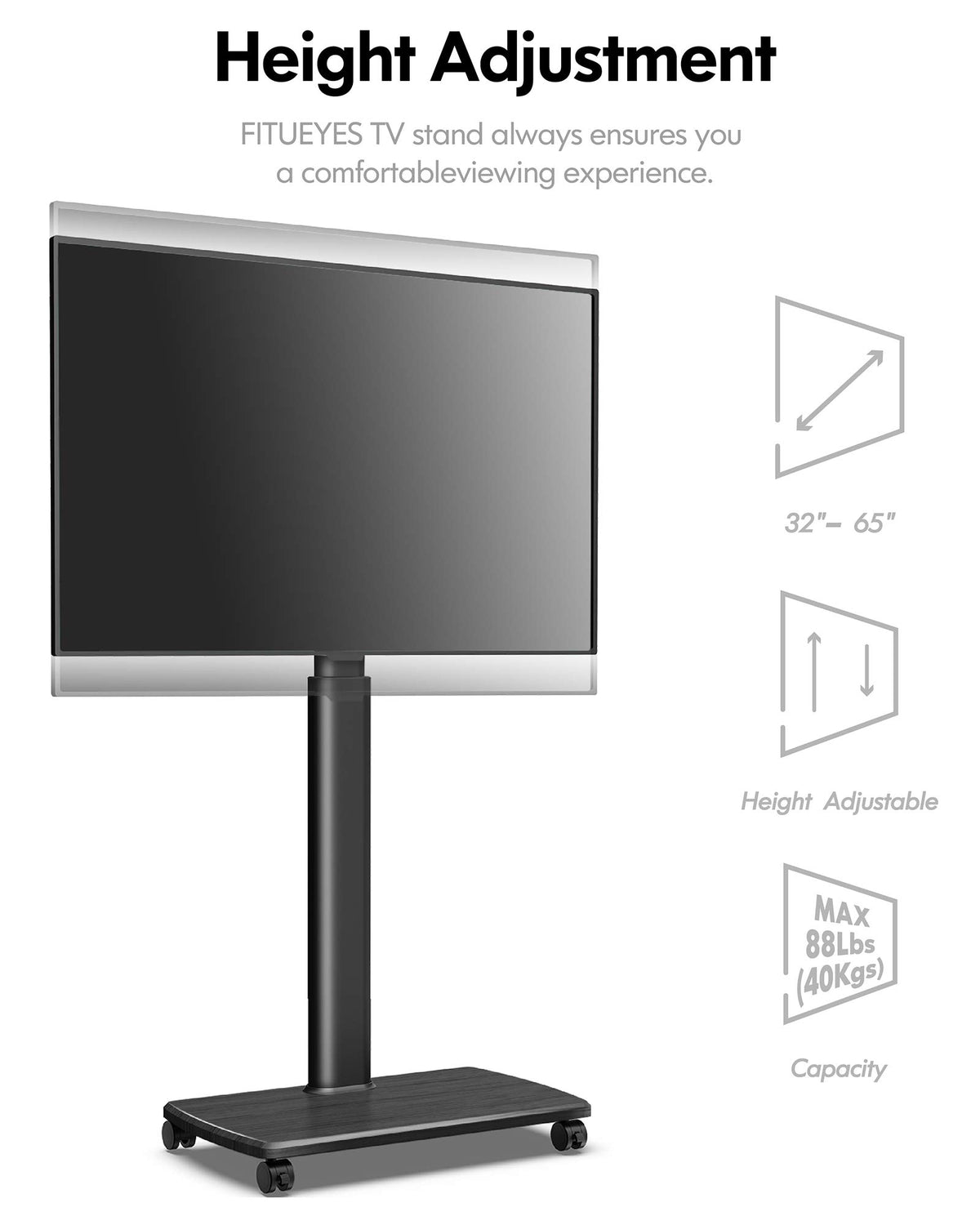 Tall Mobile TV Stand with Wood Base for 32-65 Inch TVs - Black - Swivel Mount, Height Adjustable, on Wheels