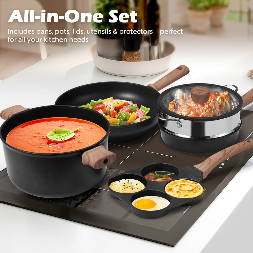 Classic Cookware Set 19 Piece - Black - Nonstick Granite Coating, Fixed Stay Cool Handles, PFOA and PFOS Free
