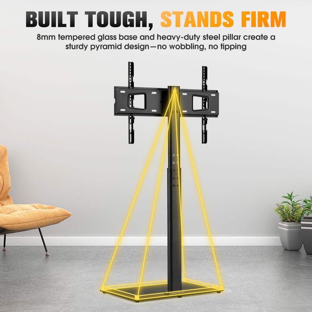 Swivel TV Floor Stand Height Adjustable - Black - Fits 32 to 65 Inch up to 40kg, 12 Height Settings, 8mm Glass Base