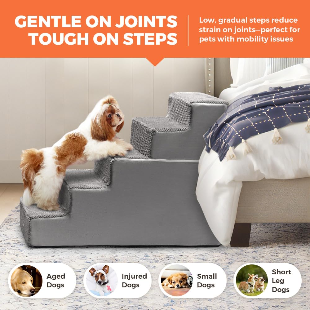 5 Step Dog Stairs 56cm High - Grey - High Density Foam with 5 Support Boards, Non Slip Corduroy Cover