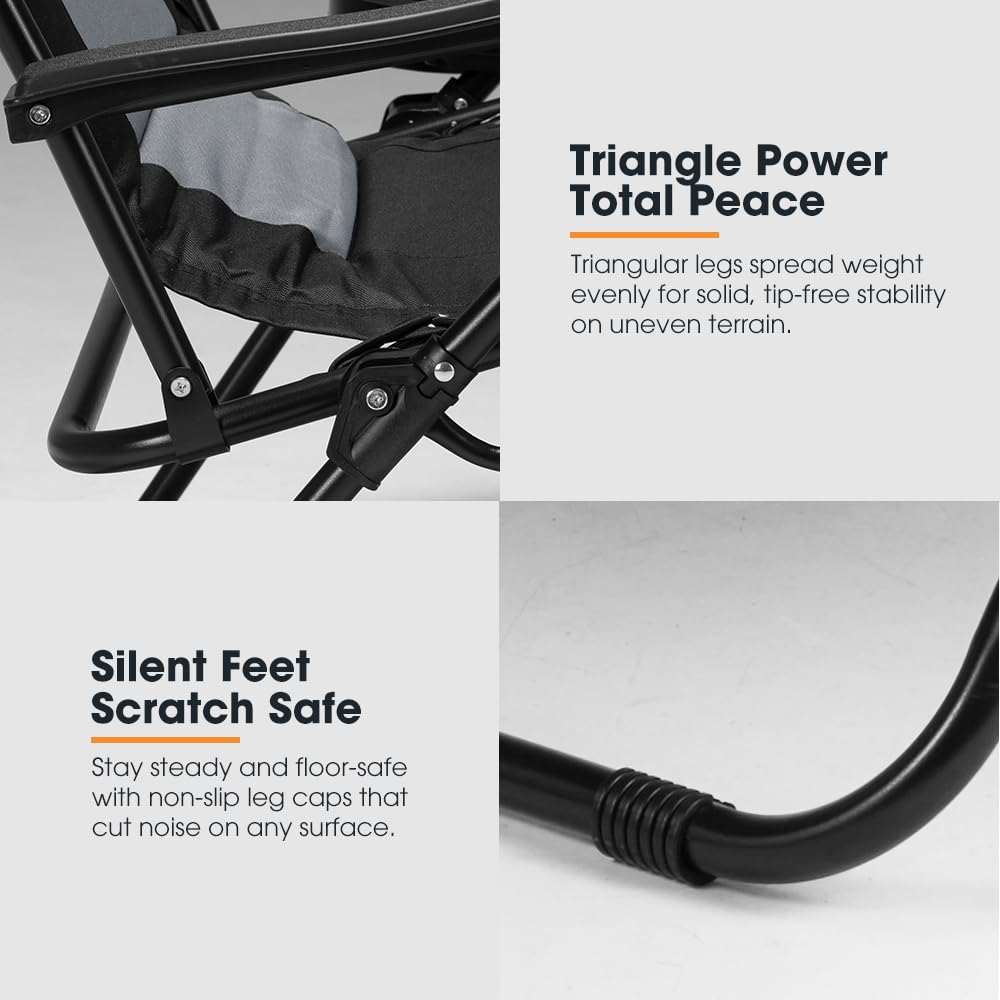 Zero Gravity Camping Chair - Black - Reclines 90 to 170 Degrees, 64cm Wide Seat, Double Layer 600D Oxford, Side Holder