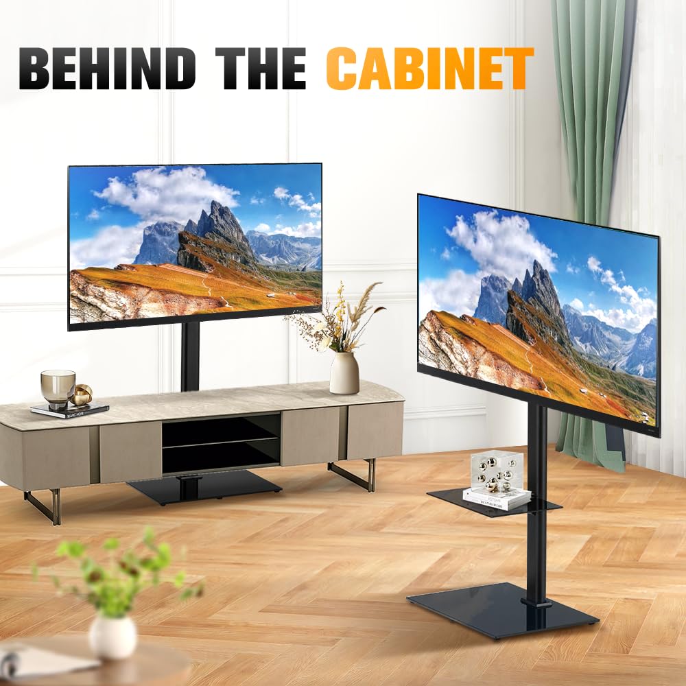 Swivel TV Floor Stand with Laptop Shelf - Black - Fits 32 to 65 Inch up to 40kg, 12 Height Settings, 8mm Glass Base