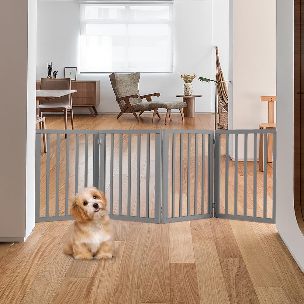 Foldable Dog Gate 4 Panel - Grey, 188 x 61cm - No Drill Freestanding, 180 Degree Hinges, MDF and Stainless Steel