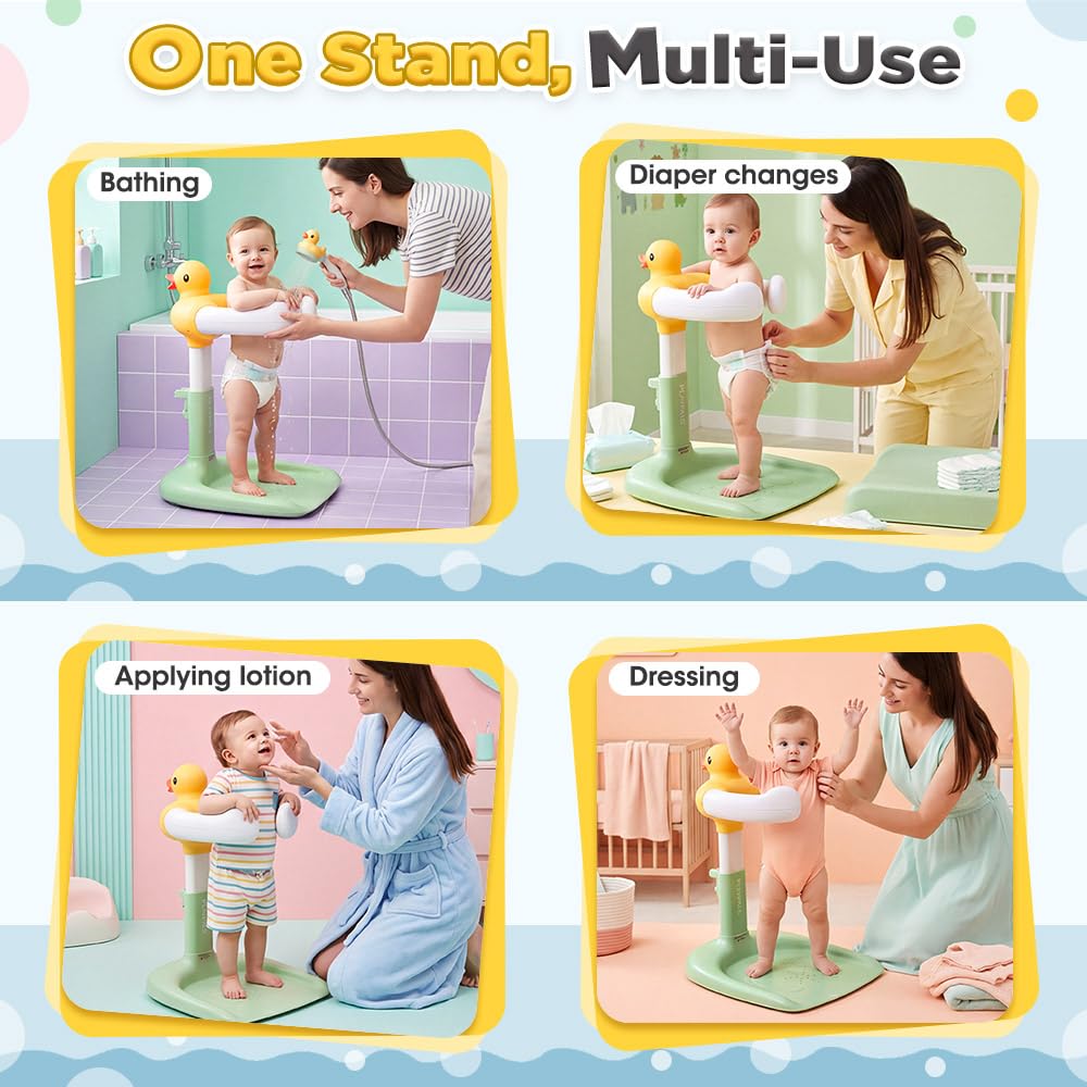Baby Bath Shower Stand - Green - 9 Height Levels, Anti-Slip Base, Anti-Pinch Silicone